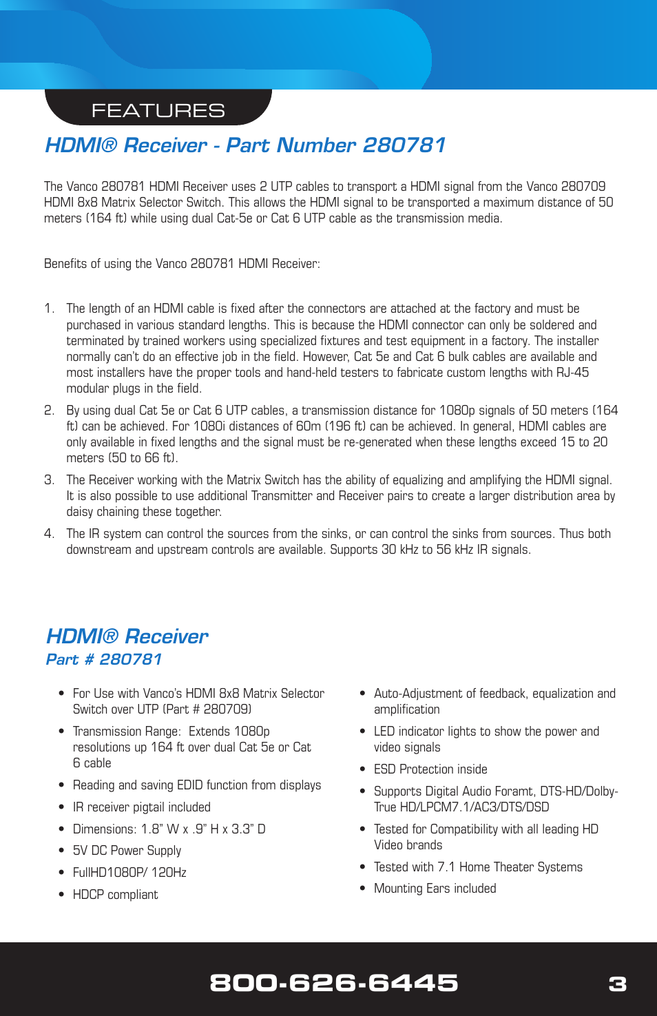 Hdmi® receiver, Features | VANCO VPW-280781 User Manual | Page 3 / 8