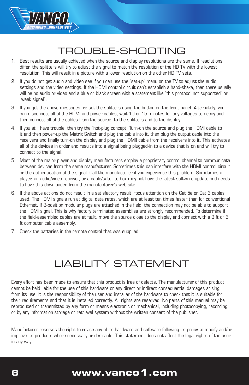 Liability statement, Trouble-shooting | VANCO VPW-280781 User Manual | Page 6 / 8