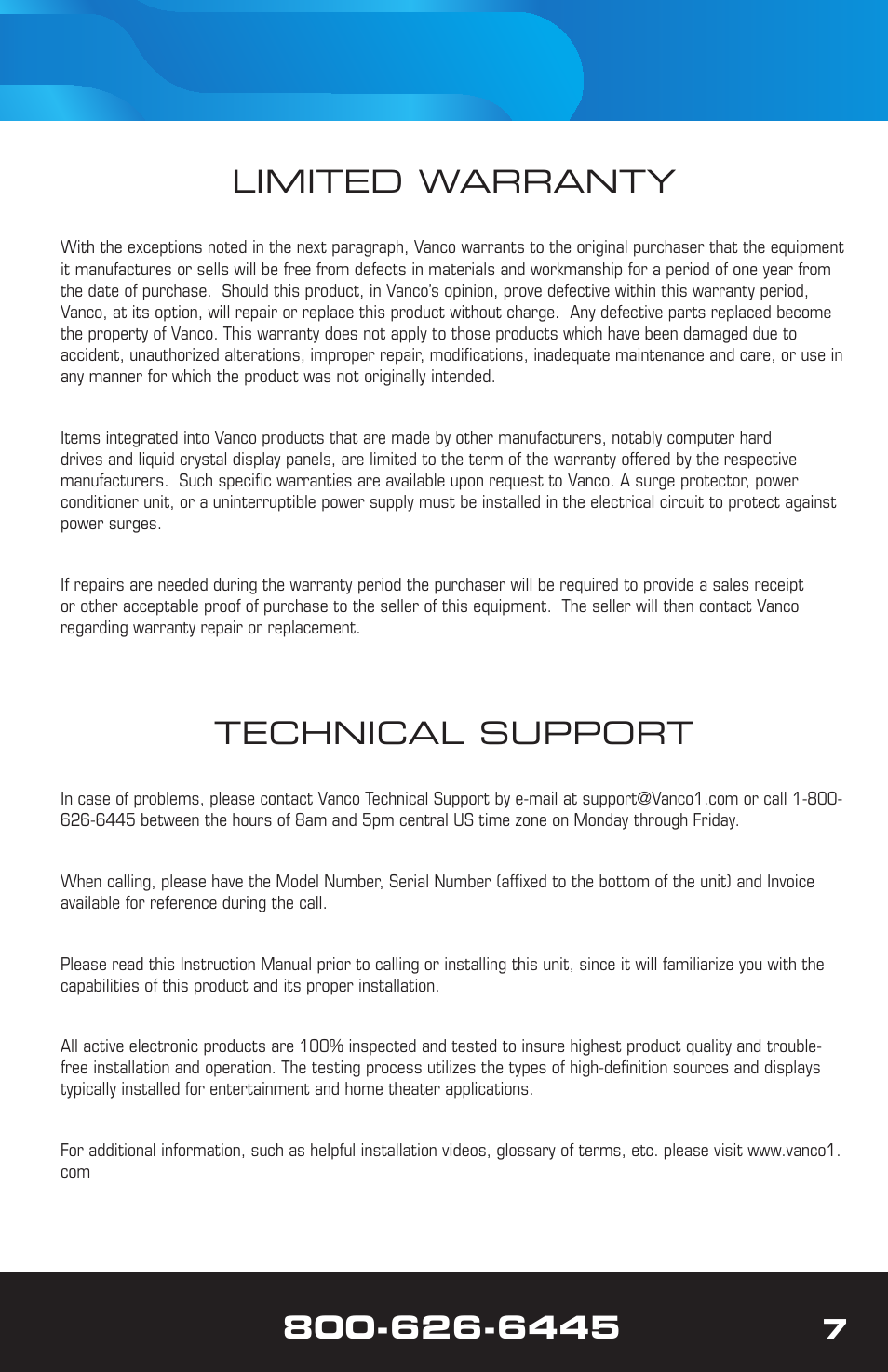 Technical support, Limited warranty | VANCO VPW-280781 User Manual | Page 7 / 8