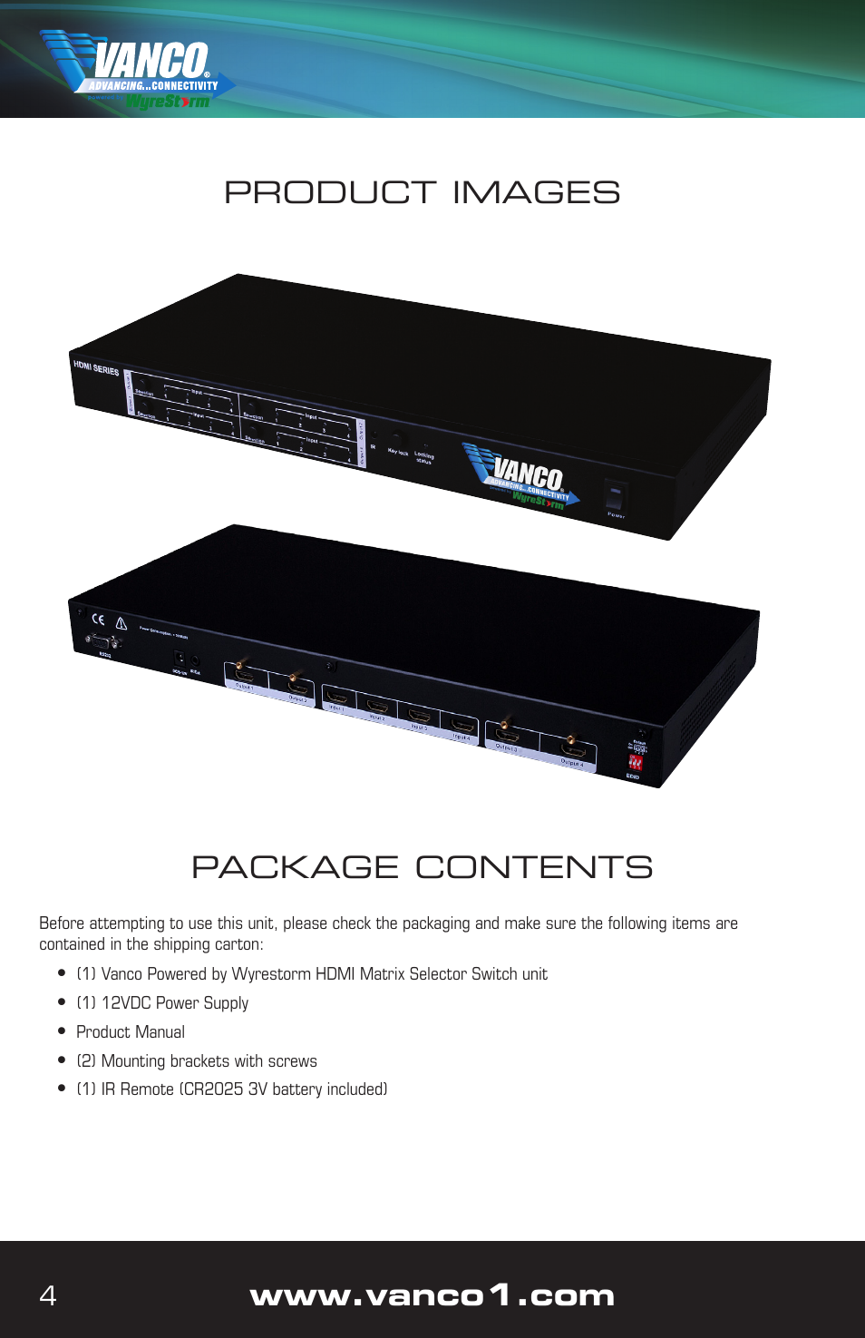 Package contents, Product images | VANCO VPW-280789 (4X4) User Manual | Page 4 / 8