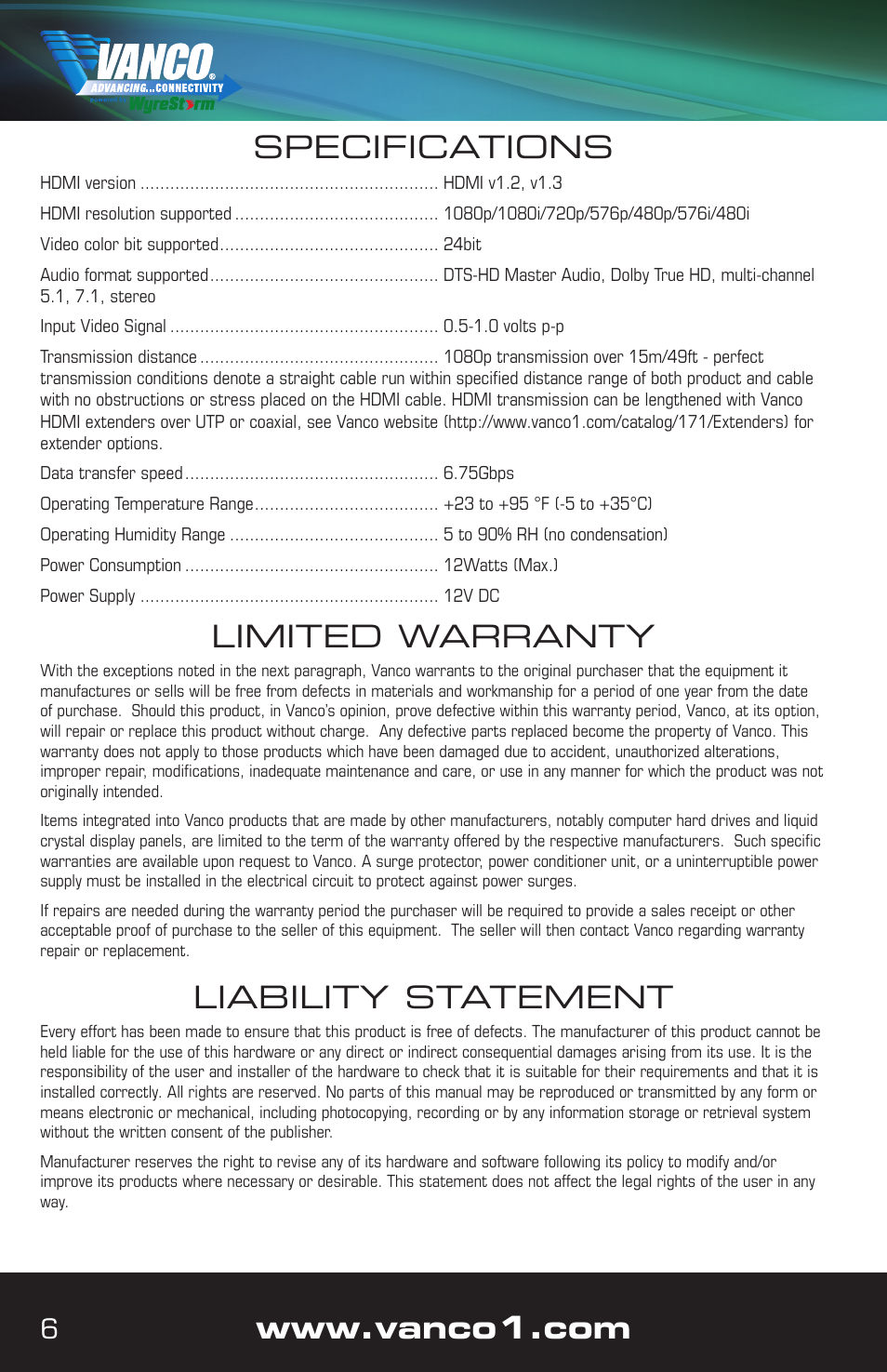 Specifications, Liability statement, Limited warranty | VANCO VPW-280789 (4X4) User Manual | Page 6 / 8