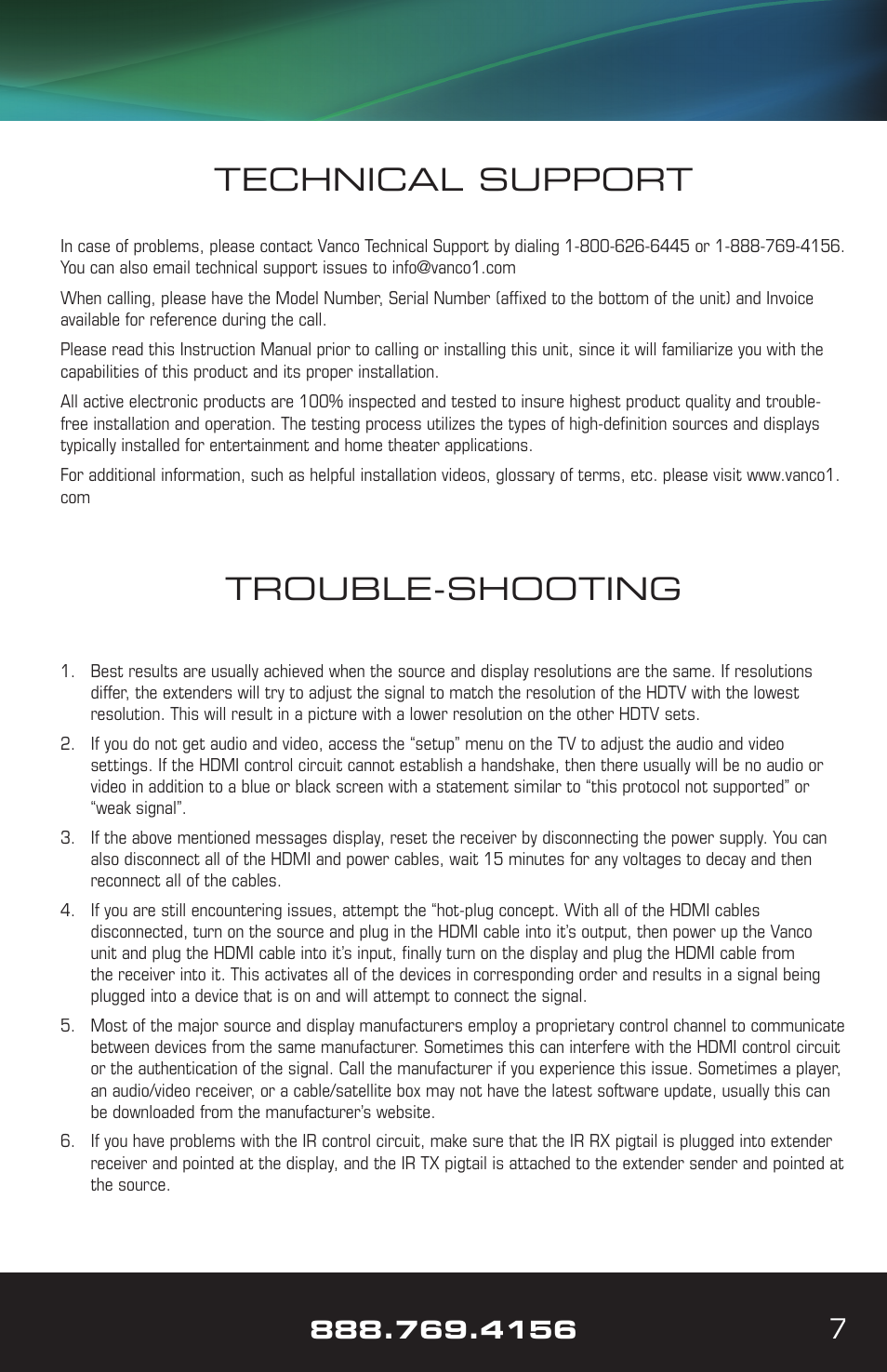 Trouble-shooting, Technical support | VANCO VPW-280789 (4X4) User Manual | Page 7 / 8