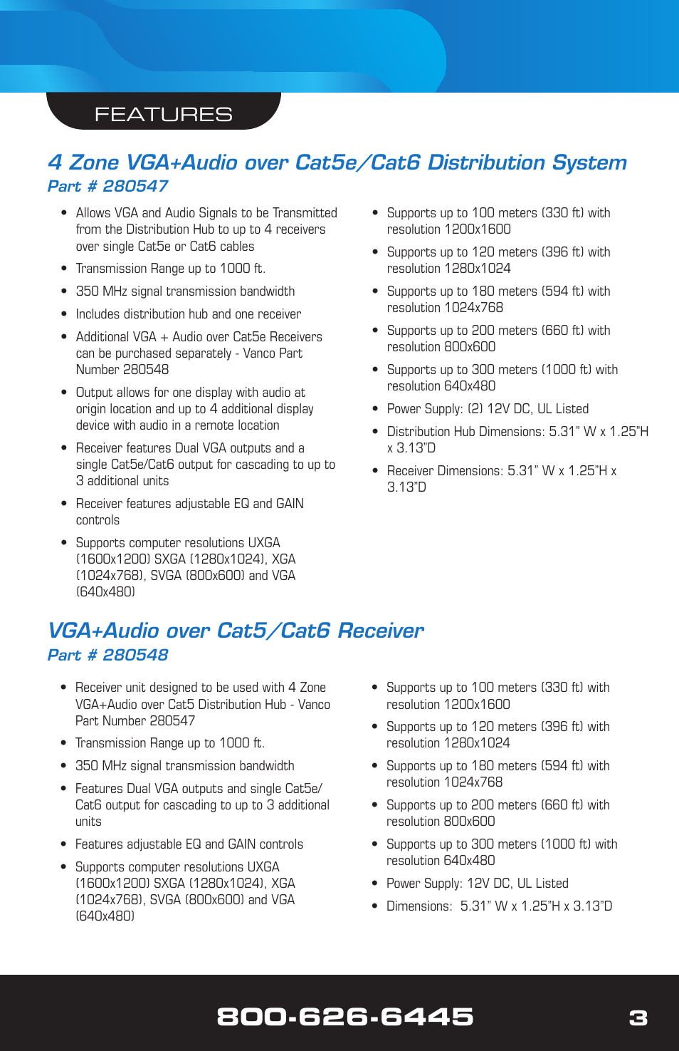 Vga+audio over cat5/cat6 receiver, Features | VANCO 280548 (Additional Receiver) User Manual | Page 3 / 8