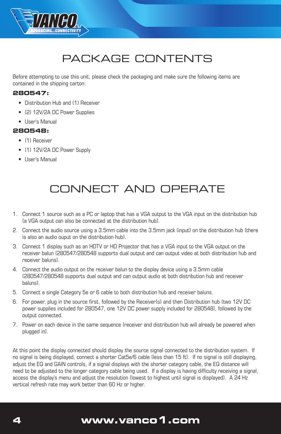 Package contents, Connect and operate | VANCO 280548 (Additional Receiver) User Manual | Page 4 / 8
