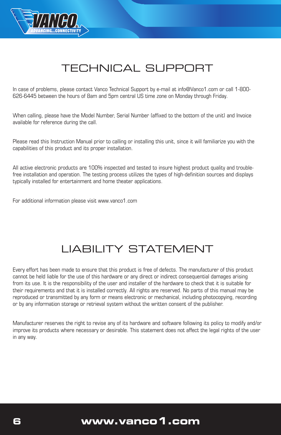 Liability statement, Technical support | VANCO 280548 (Additional Receiver) User Manual | Page 6 / 8