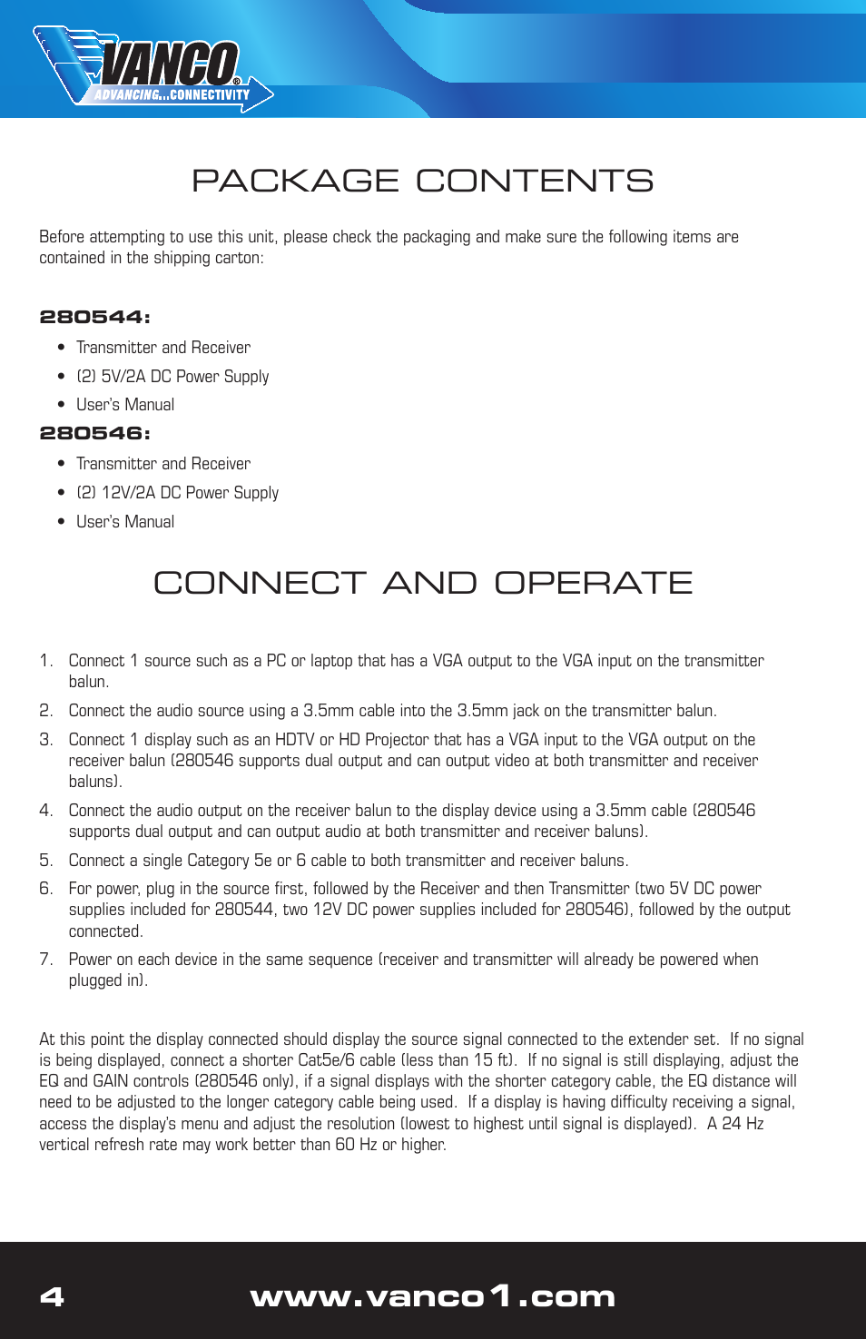 Package contents, Connect and operate | VANCO 280546 (1000 ft.) User Manual | Page 4 / 8