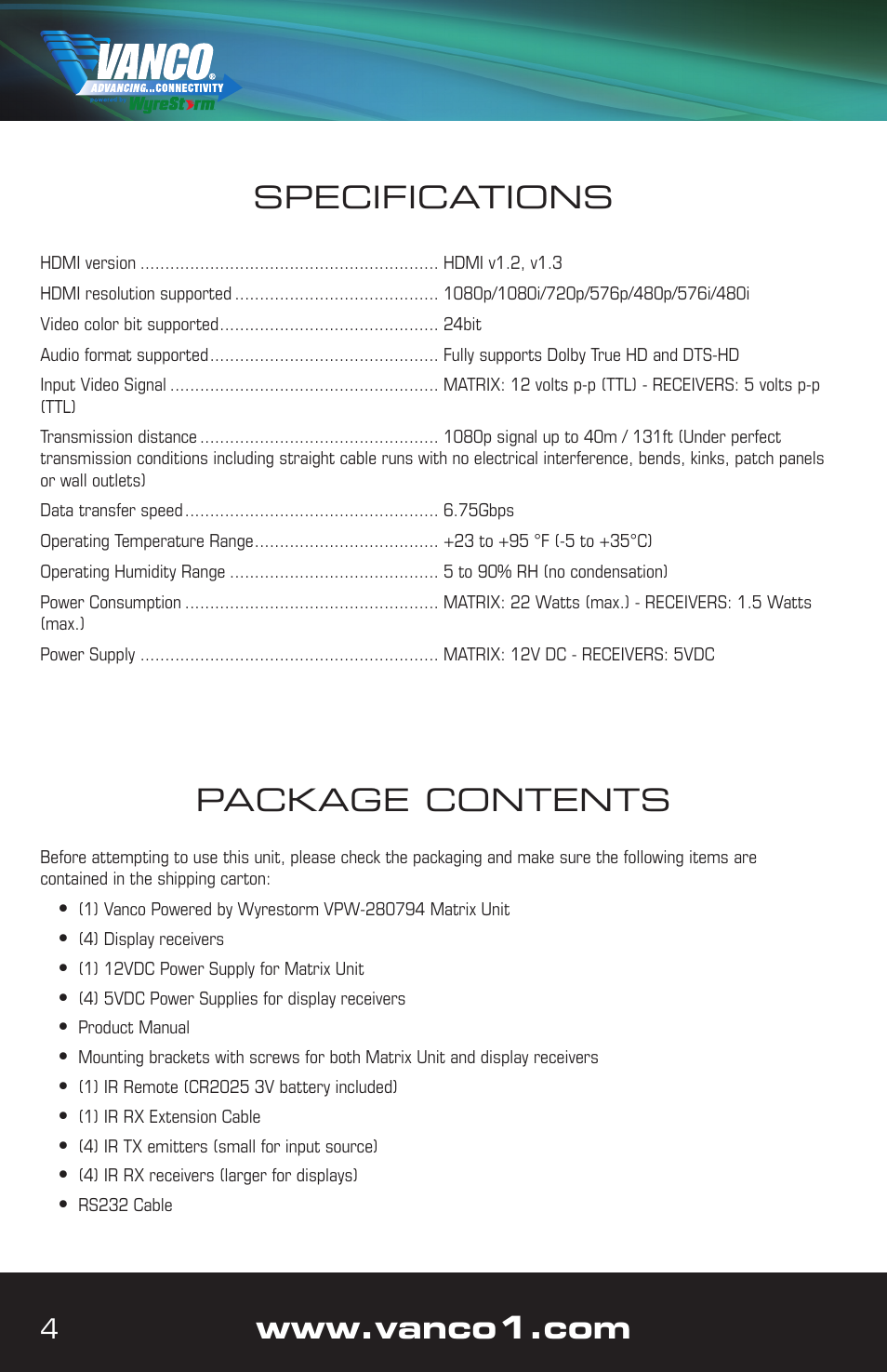 Package contents, Specifications | VANCO VPW-280794 User Manual | Page 4 / 8