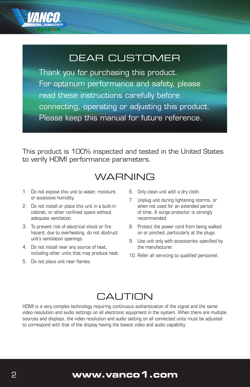 Caution, Warning, Dear customer | VANCO VPW-280791 User Manual | Page 2 / 8