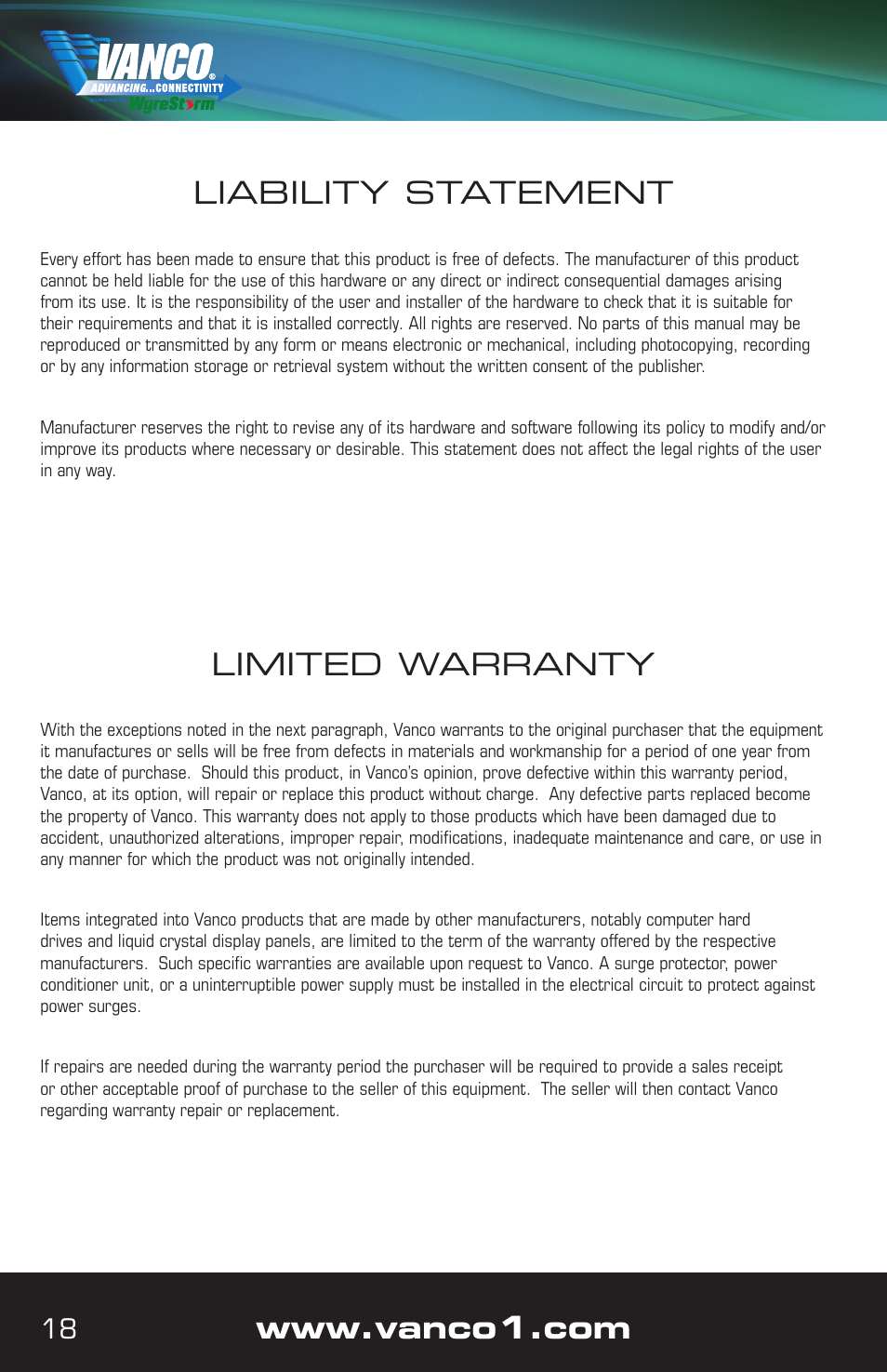 Liability statement, Limited warranty | VANCO VPW-280755 User Manual | Page 18 / 20
