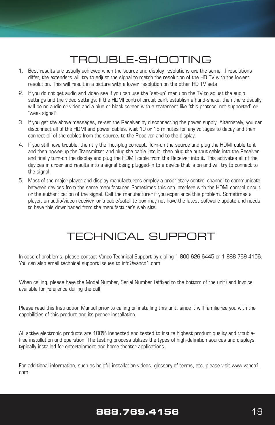 Trouble-shooting, Technical support | VANCO VPW-280755 User Manual | Page 19 / 20