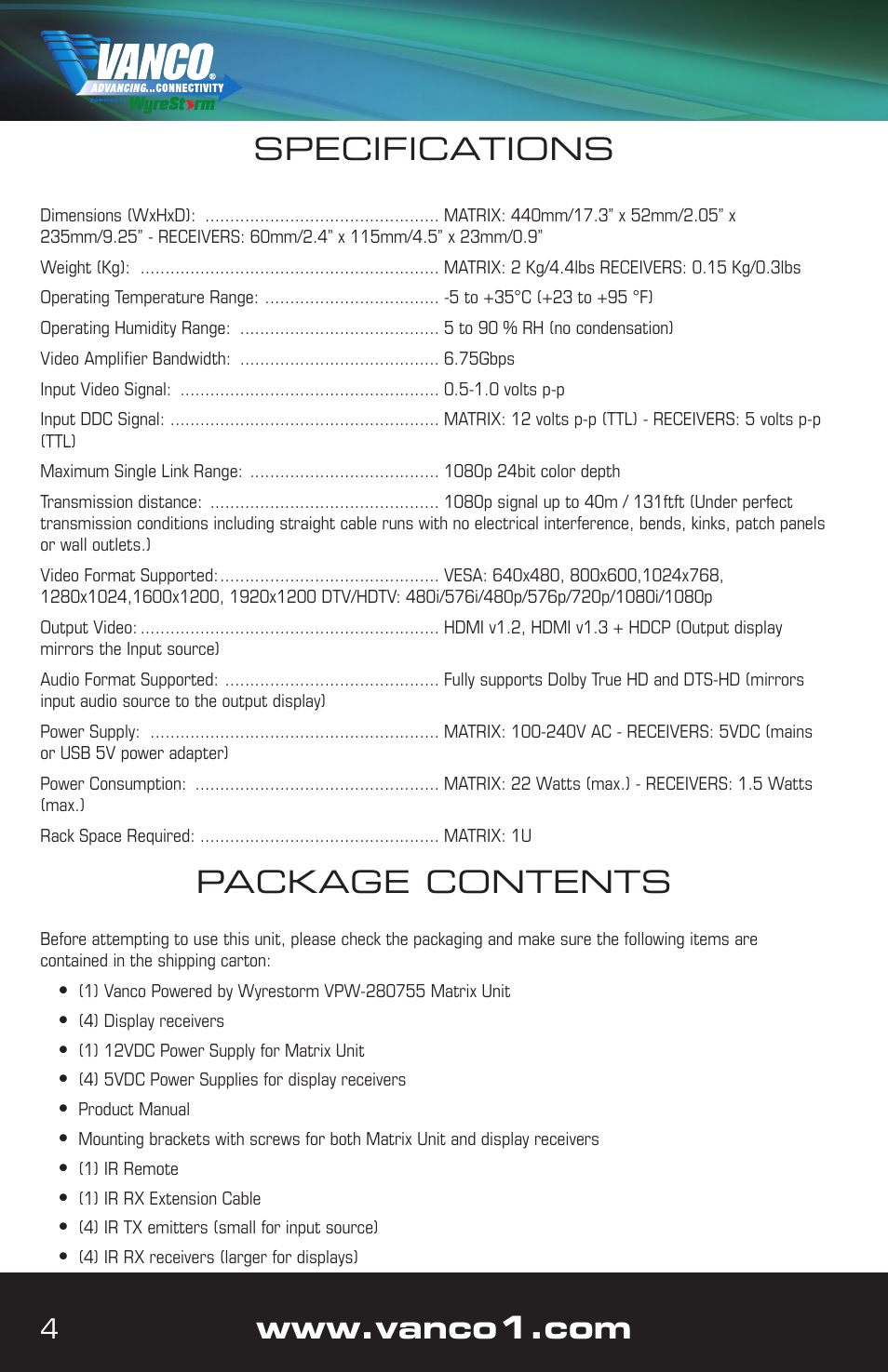 Package contents, Specifications | VANCO VPW-280755 User Manual | Page 4 / 20