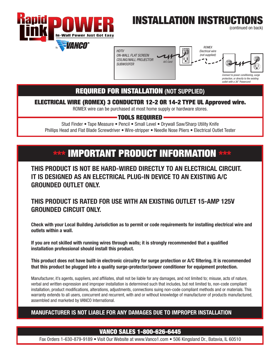 VANCO Rapid Link User Manual | 2 pages