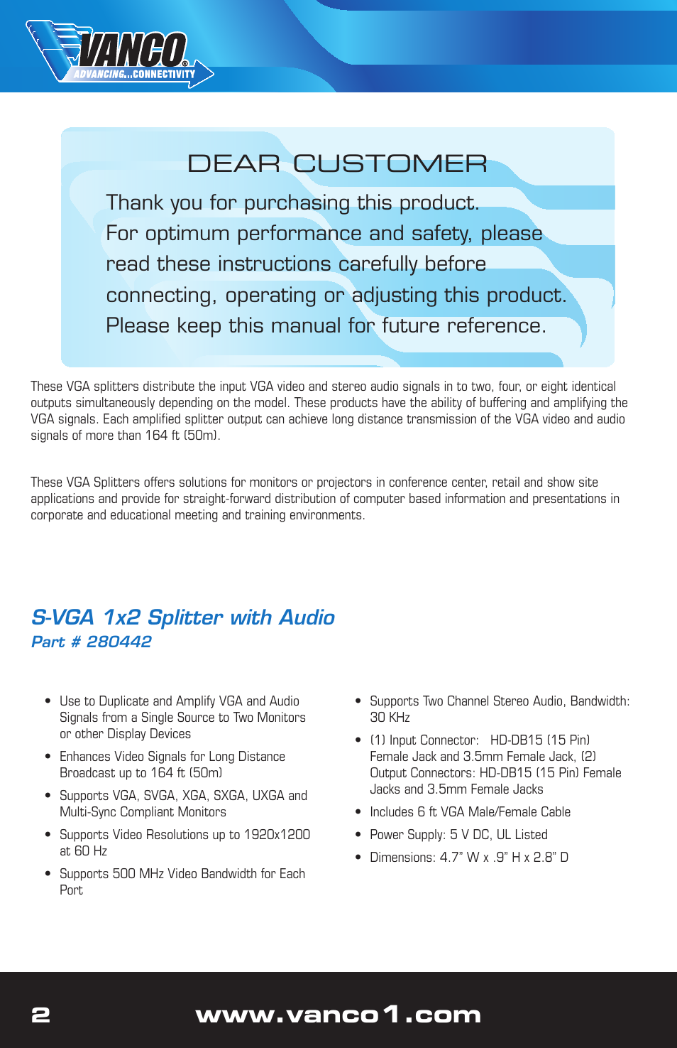 Dear customer, S-vga 1x2 splitter with audio | VANCO 280442 (1x2) User Manual | Page 2 / 8