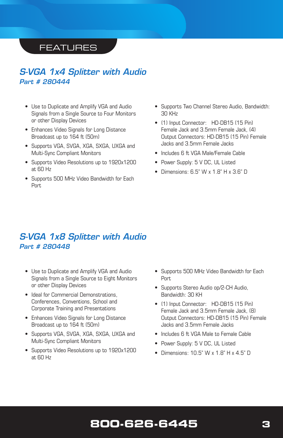 S-vga 1x4 splitter with audio, S-vga 1x8 splitter with audio, Features | VANCO 280442 (1x2) User Manual | Page 3 / 8