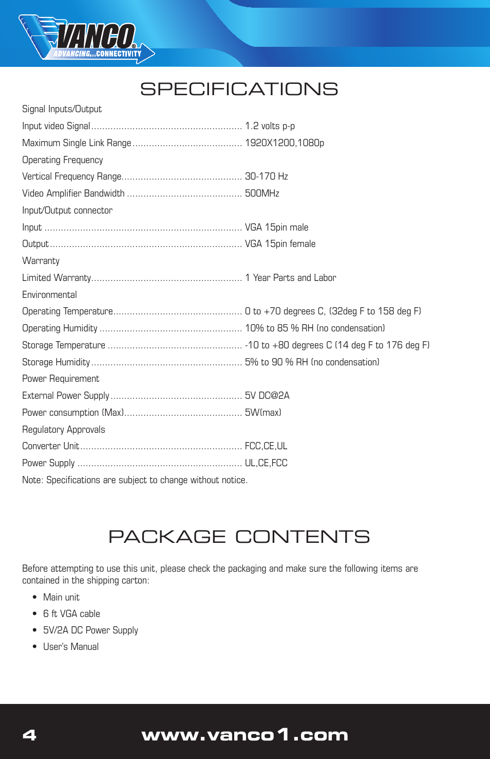 Package contents, Specifications | VANCO 280442 (1x2) User Manual | Page 4 / 8