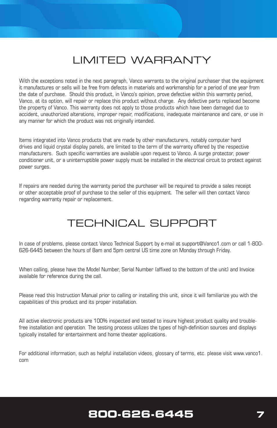 Technical support, Limited warranty | VANCO 280442 (1x2) User Manual | Page 7 / 8