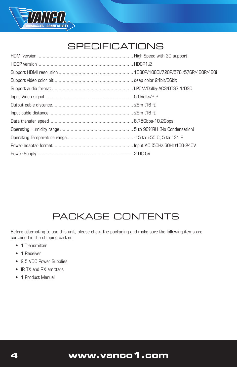 Package contents, Specifications | VANCO 280726 User Manual | Page 4 / 8