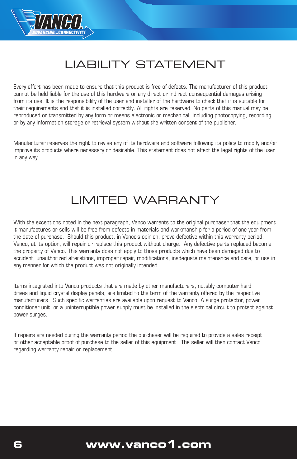 Limited warranty, Liability statement | VANCO 280726 User Manual | Page 6 / 8