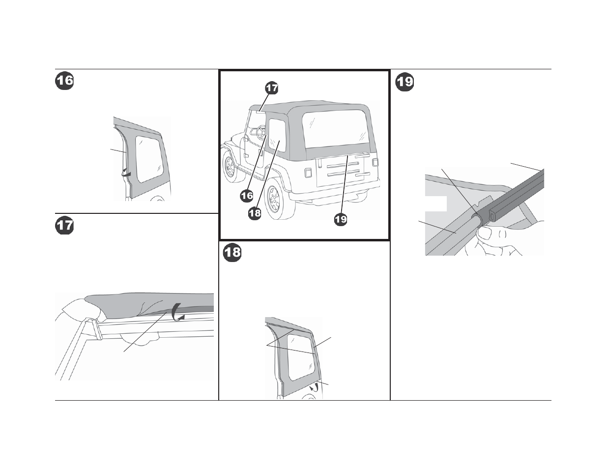 Fabric replacement top – installation instructions, Secure front of quarter panels, Secure top above door openings | Secure quarter panels, Install tailgate bar on rear window | Rough Country 51180-15 User Manual | Page 6 / 9