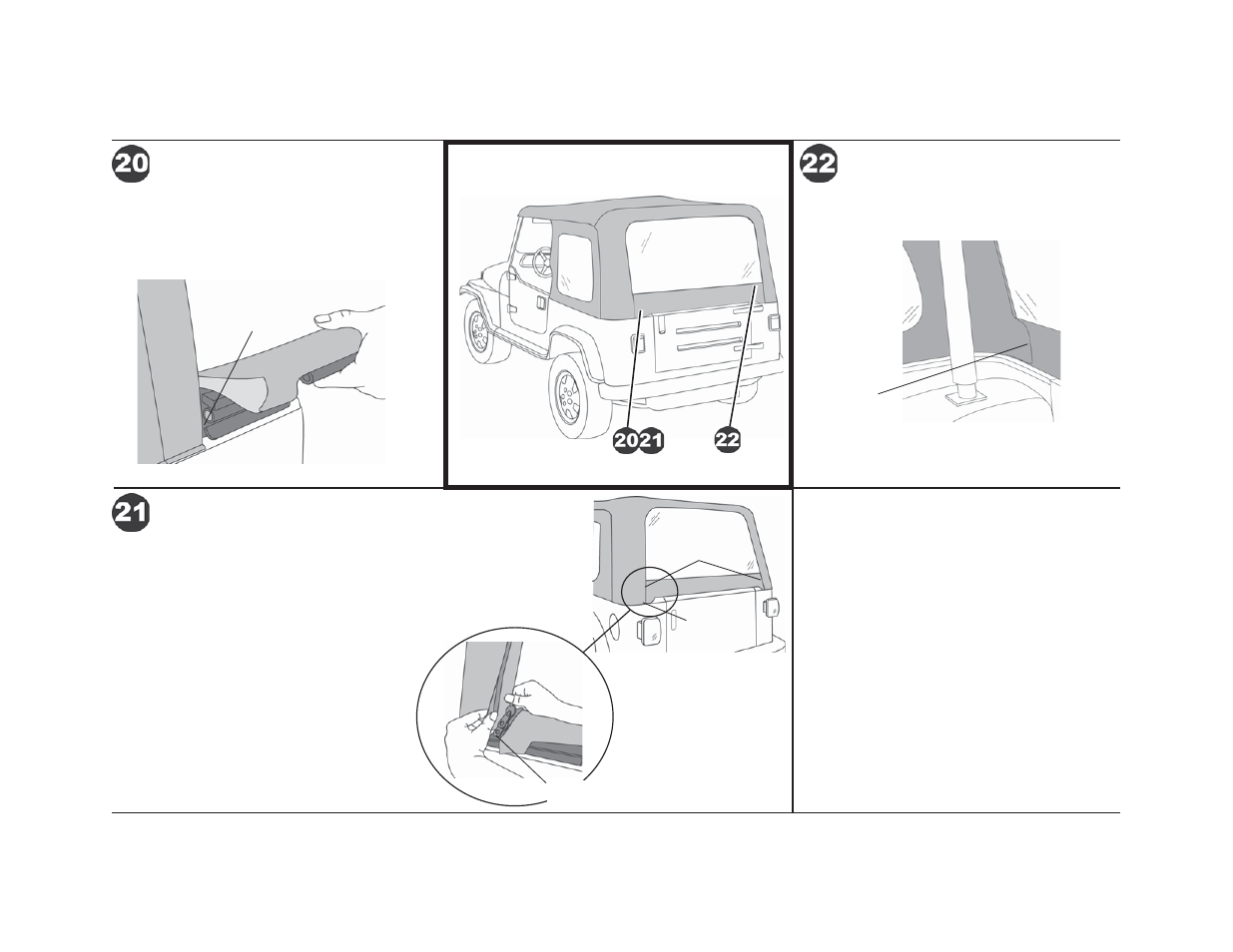 Fabric replacement top – installation instructions, Install tailgate bar on vehicle, Secure rear window zippers | Secure rear window flaps | Rough Country 51180-15 User Manual | Page 7 / 9