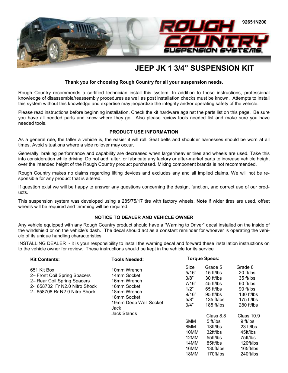 Rough Country 651 User Manual | 4 pages