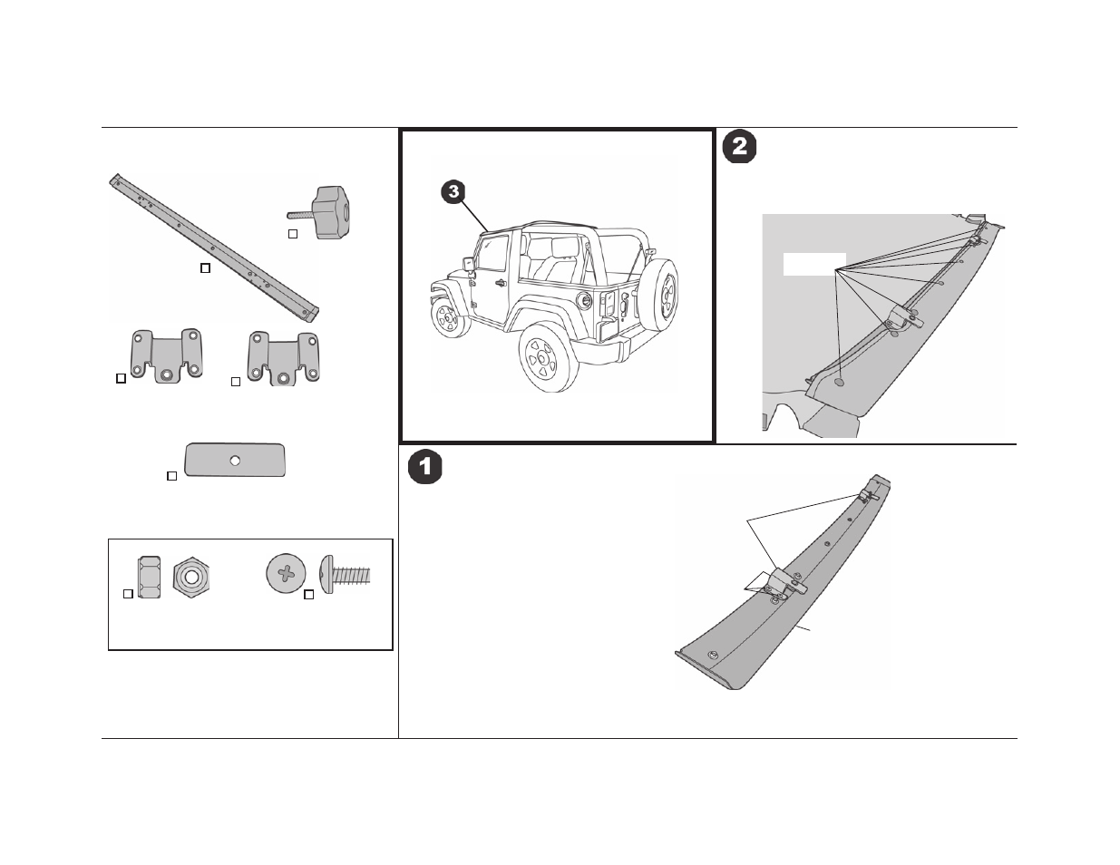 Parts list and hardware identifi cation, Install header knob bases on header, Snap bikini to header | Bestop Windshield Channel for Jeep JK Wrangler and Wrangler Unlimited (Part Number 51243) User Manual | Page 2 / 3