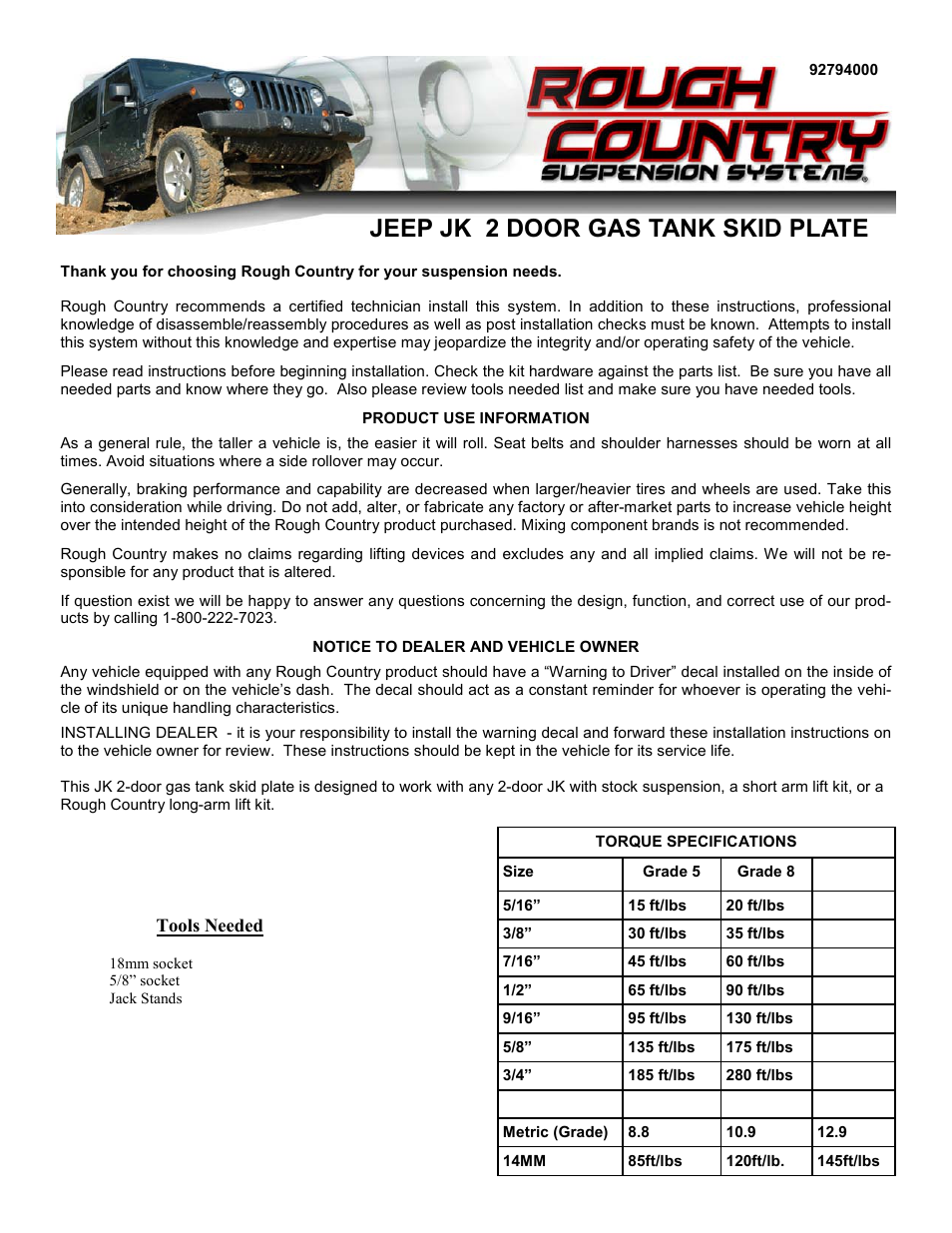 Rough Country 794 User Manual | 4 pages