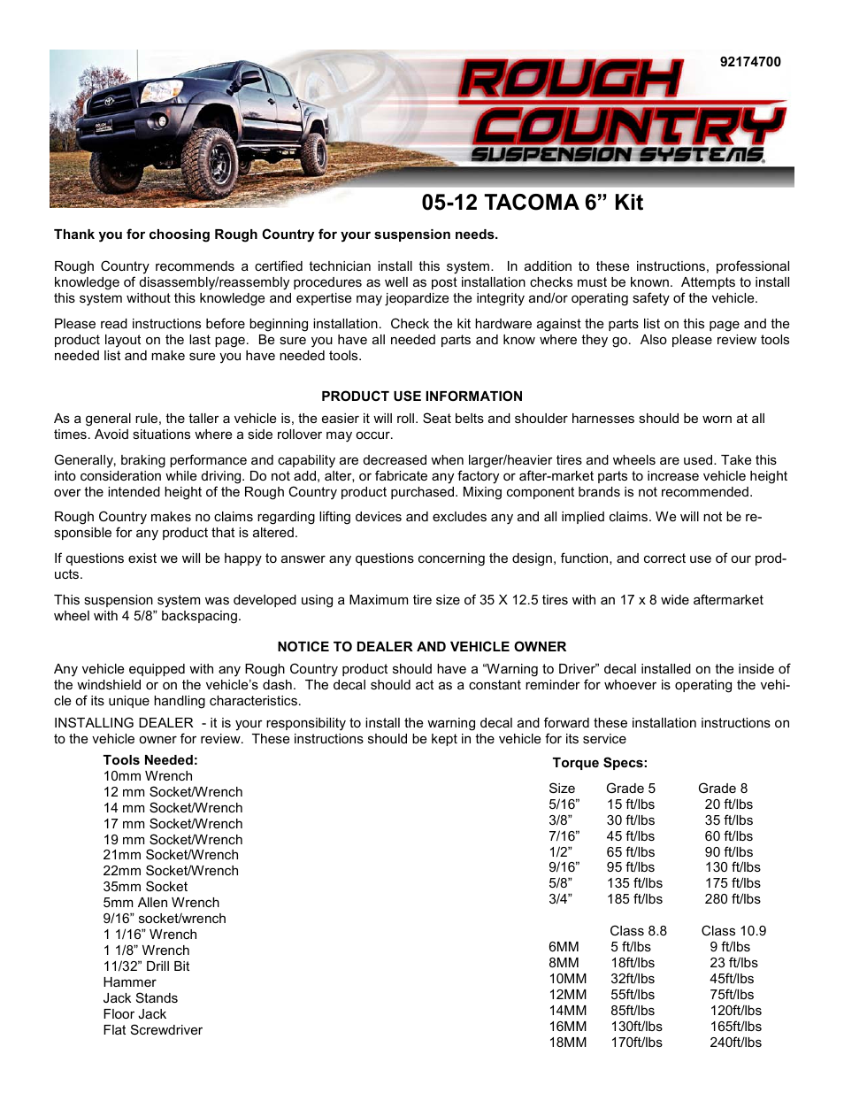 Rough Country 747.20 User Manual | 12 pages