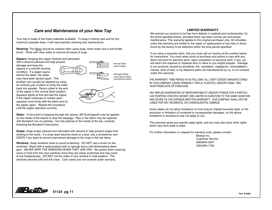 Care and maintenance of your new top | Rough Country 51124-15 User Manual | Page 11 / 11