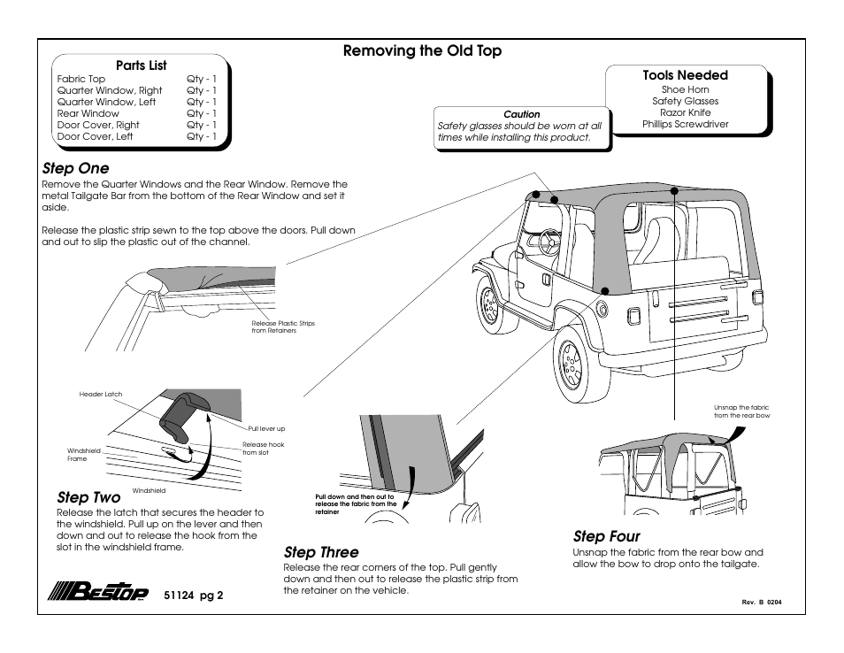 Step three, Step two, Step four | Step one, Removing the old top, Parts list, Tools needed | Rough Country 51124-15 User Manual | Page 2 / 11
