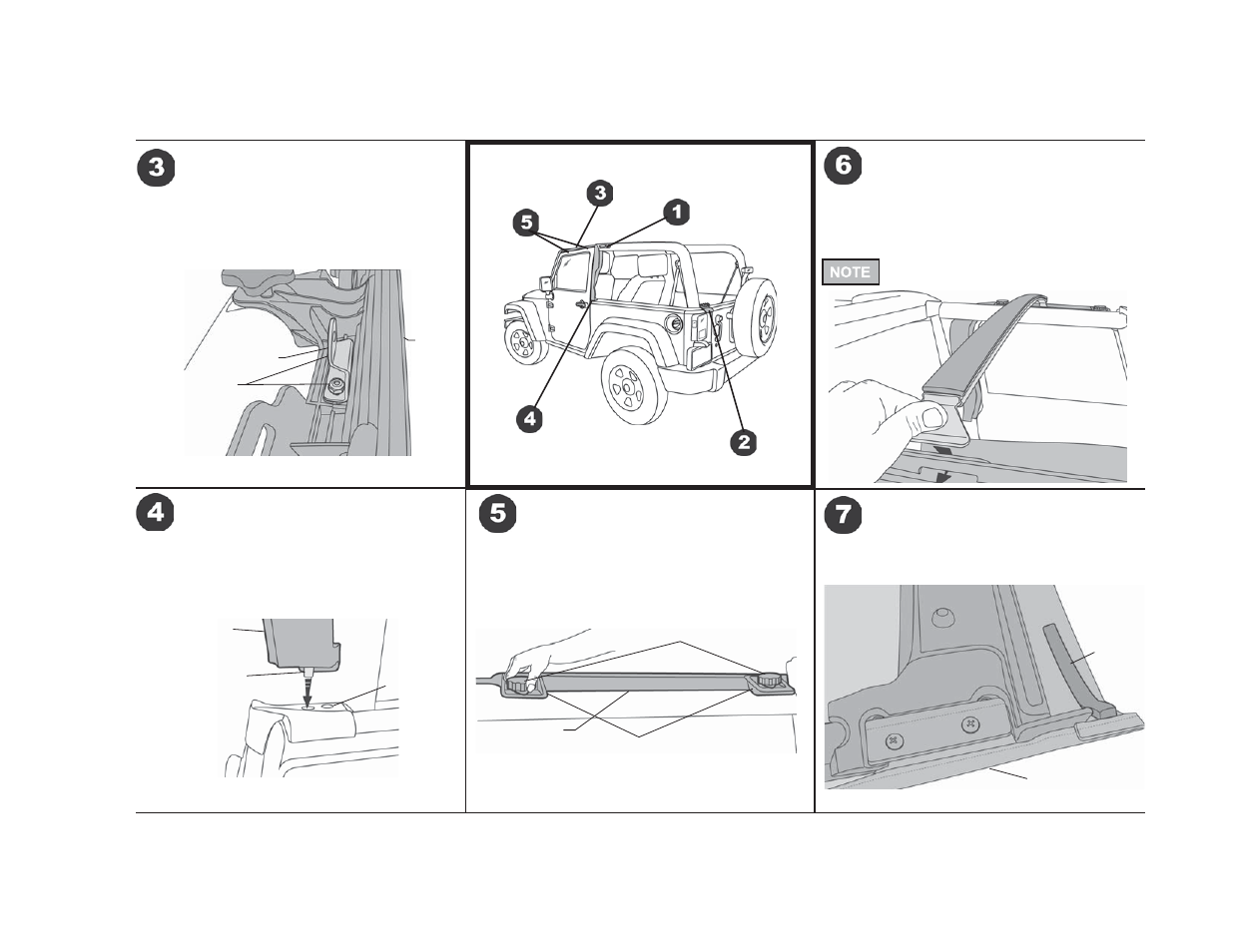 Trektop nx installation instructions, Install door surrounds, Install door surround knobs | Install top arch, Install foam tape, Install quick release bracket | Rough Country 56822-35 User Manual | Page 3 / 9