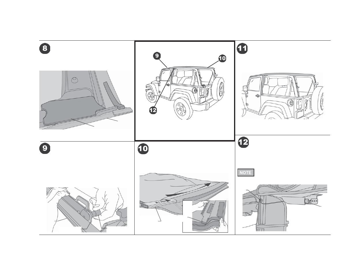 Trektop nx installation instructions, Mount header assembly to quick release brackets, Install rear bow | Drape top fabric over vehicle, Secure cable spring, Install foam seal | Rough Country 56822-35 User Manual | Page 4 / 9