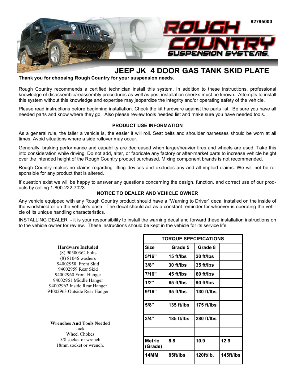 Rough Country 795 User Manual | 4 pages