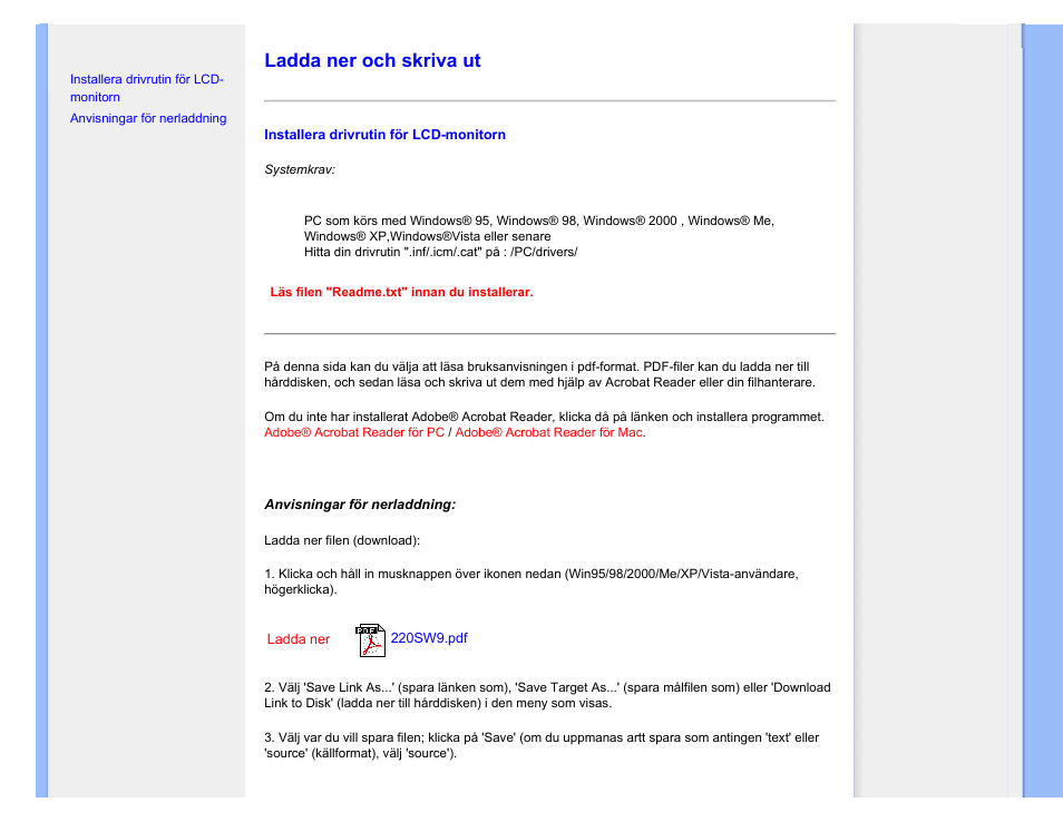 Ladda ner och skriva ut, Alternativet nerladdning och utskrift | Philips 220SW9FS User Manual | Page 117 / 118