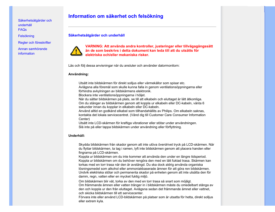 Säkerhet & felsökning, Information om säkerhet och felsökning | Philips 220SW9FS User Manual | Page 2 / 118