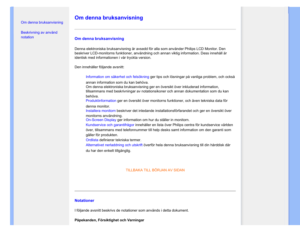 Om denna bruksanvisning | Philips 220SW9FS User Manual | Page 29 / 118