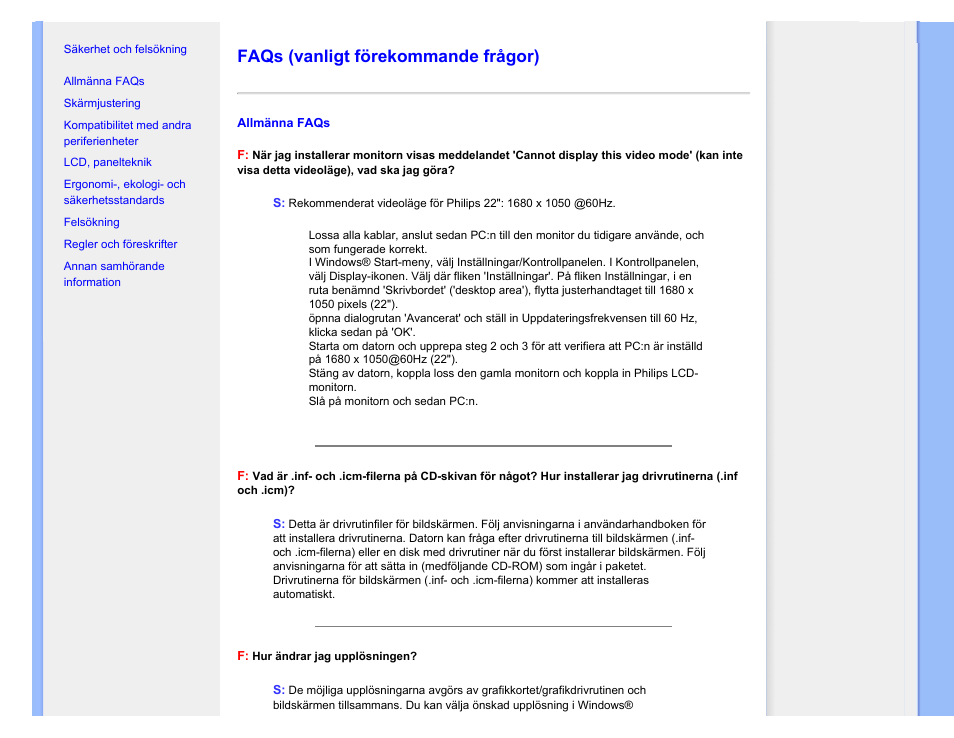 Faqs (vanligt förekommande frågor), Faqs | Philips 220SW9FS User Manual | Page 4 / 118