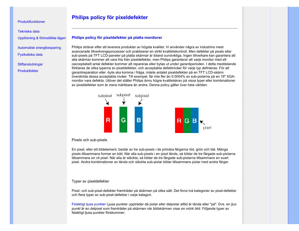 Philips pixel defect policy, Philips policy för pixeldefekter | Philips 220SW9FS User Manual | Page 41 / 118