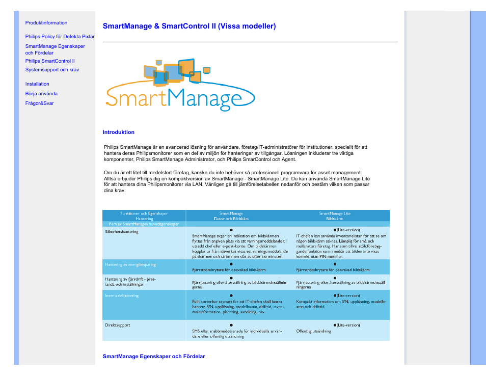 Smartmanage, Smartmanage & smartcontrol ii (vissa modeller) | Philips 220SW9FS User Manual | Page 44 / 118