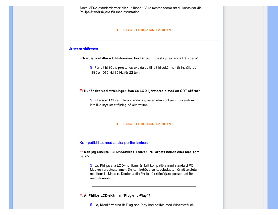 Skärmjustering, Kompatibilitet med andra, Periferienheter | Philips 220SW9FS User Manual | Page 7 / 118