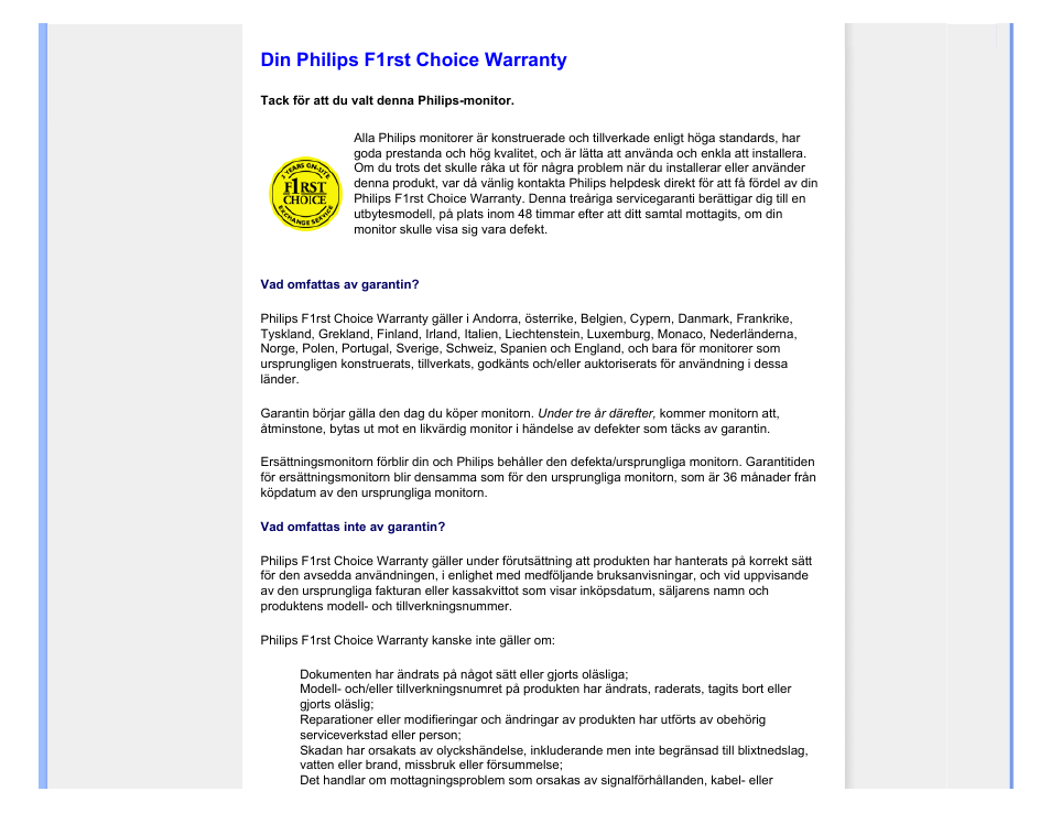 F1rst choice warranty, Österrike, Belgien | Danmark, Frankrike, Tyskland, Grekland, Finland, Irland, Italien | Philips 220SW9FS User Manual | Page 84 / 118