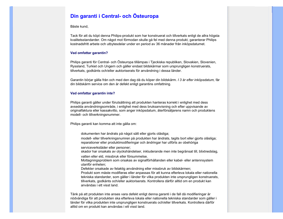 Din garanti i central- och östeuropa, Republiken tjeckien, Ungern | Polen, Ryssland, Slovakien, Slovenien, Turkiet | Philips 220SW9FS User Manual | Page 88 / 118