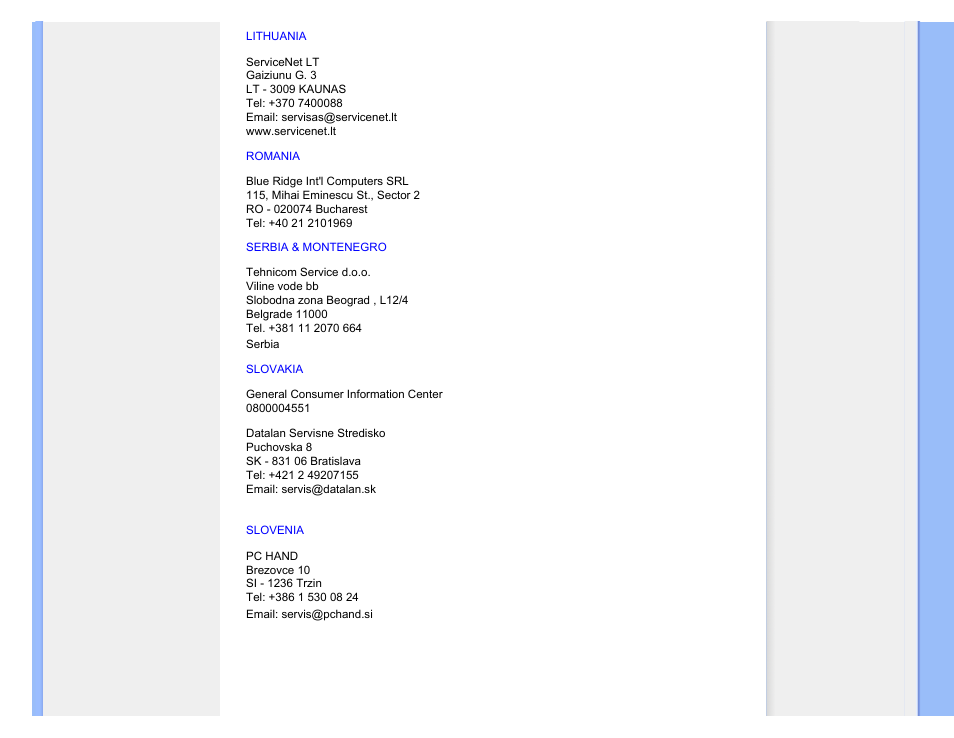 Lithuania, Romania, Serbia & montenegro | Slovakia, Slovenia | Philips 220SW9FS User Manual | Page 92 / 118