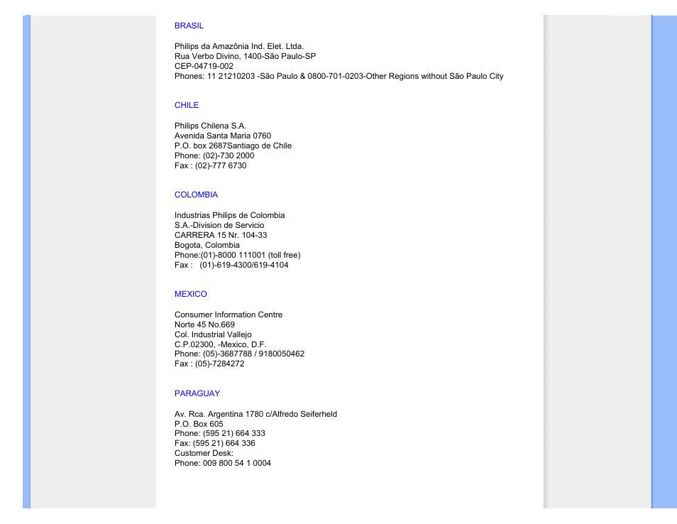 Brasil, Chile, Colombia | Mexico, Paraguay | Philips 220SW9FS User Manual | Page 94 / 118