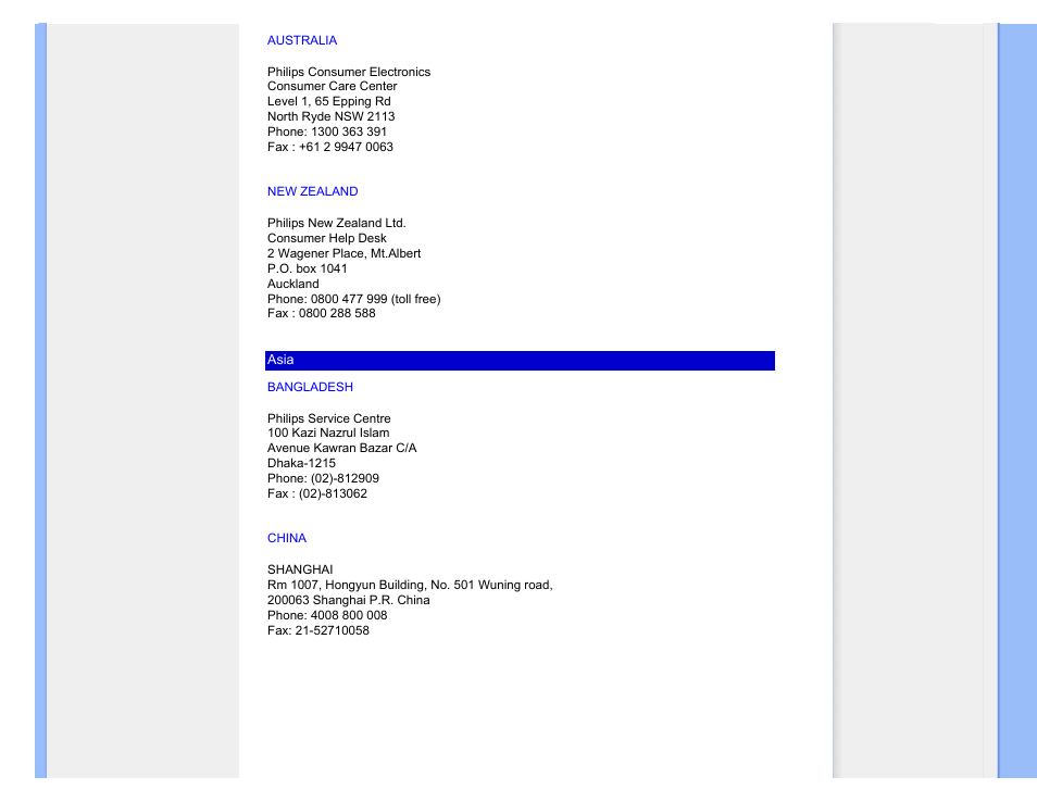 Australia, Bangladesh, China | New zealand | Philips 220SW9FS User Manual | Page 96 / 118