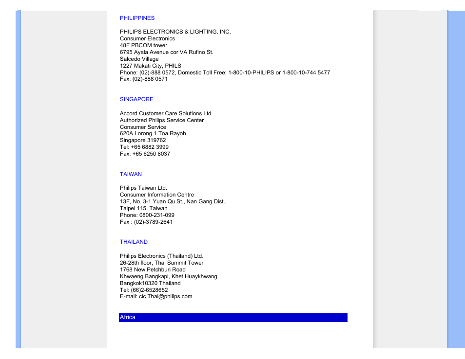 Philippines, Singapore, Taiwan | Thailand | Philips 220SW9FS User Manual | Page 99 / 118