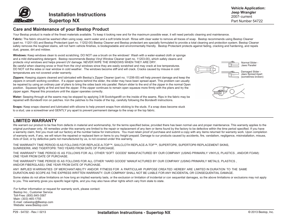54722_installguide_02feb13-29, Installation instructions supertop nx, Care and maintenance of your bestop product | Limited warranty | Rough Country 54722-35 User Manual | Page 30 / 32