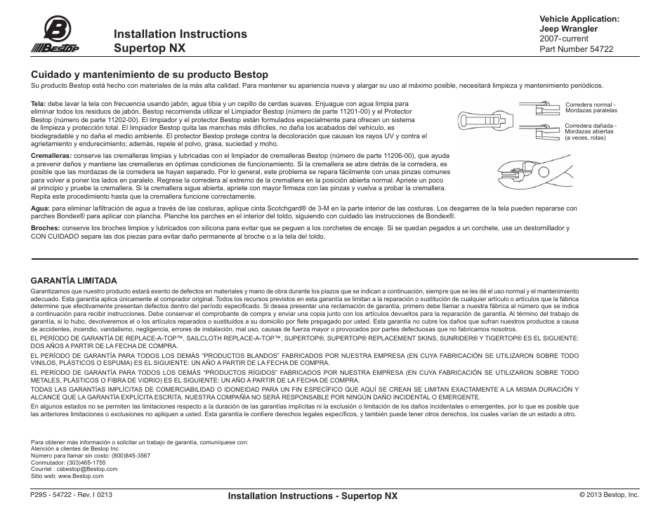 54722_installguide_02feb13-29s, Installation instructions supertop nx, Cuidado y mantenimiento de su producto bestop | Rough Country 54722-35 User Manual | Page 32 / 32