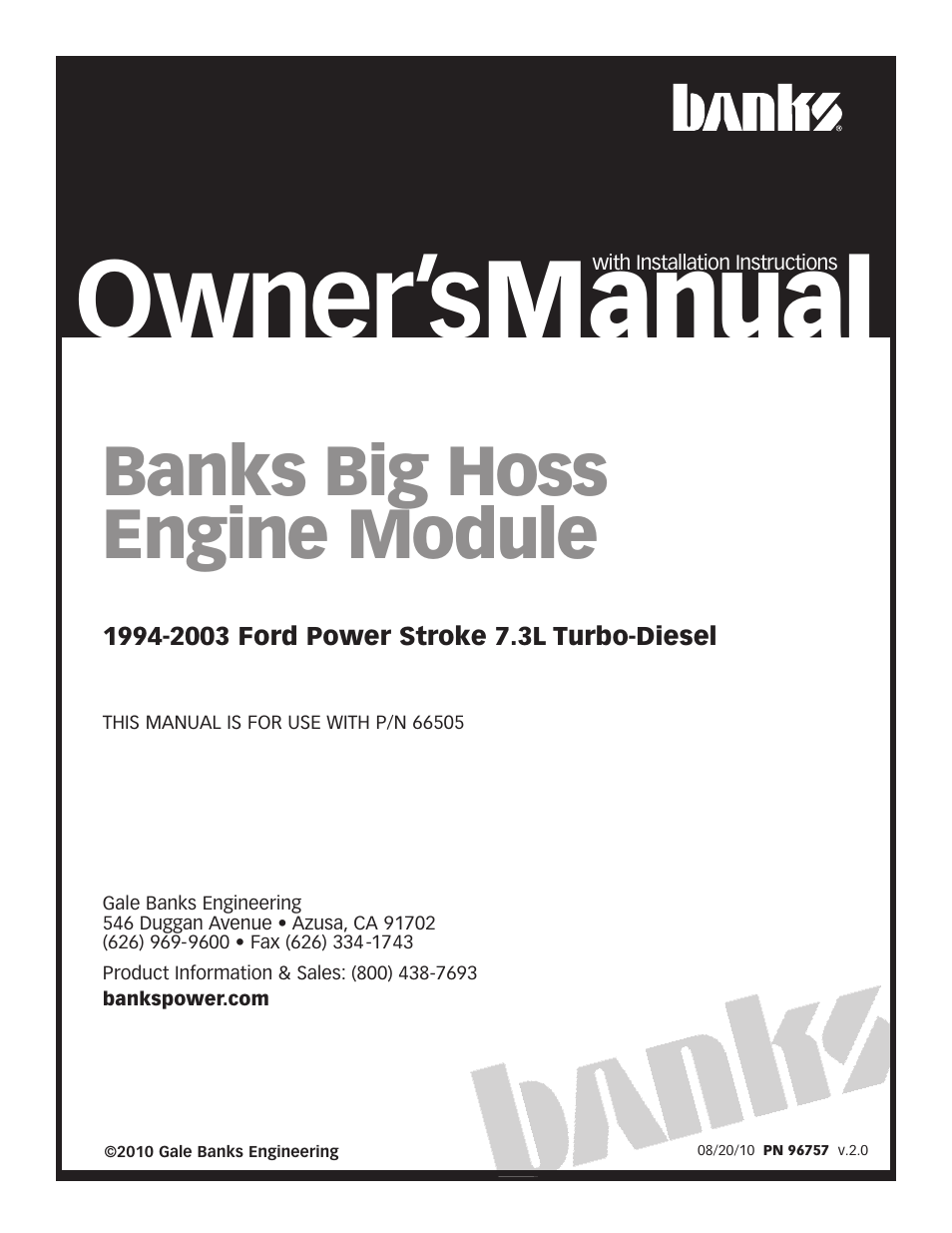 Banks Power Ford Trucks: (Diesel ’94 - 97 7.3L Power Stroke) Tuner- Big Hoss Module User Manual | 6 pages