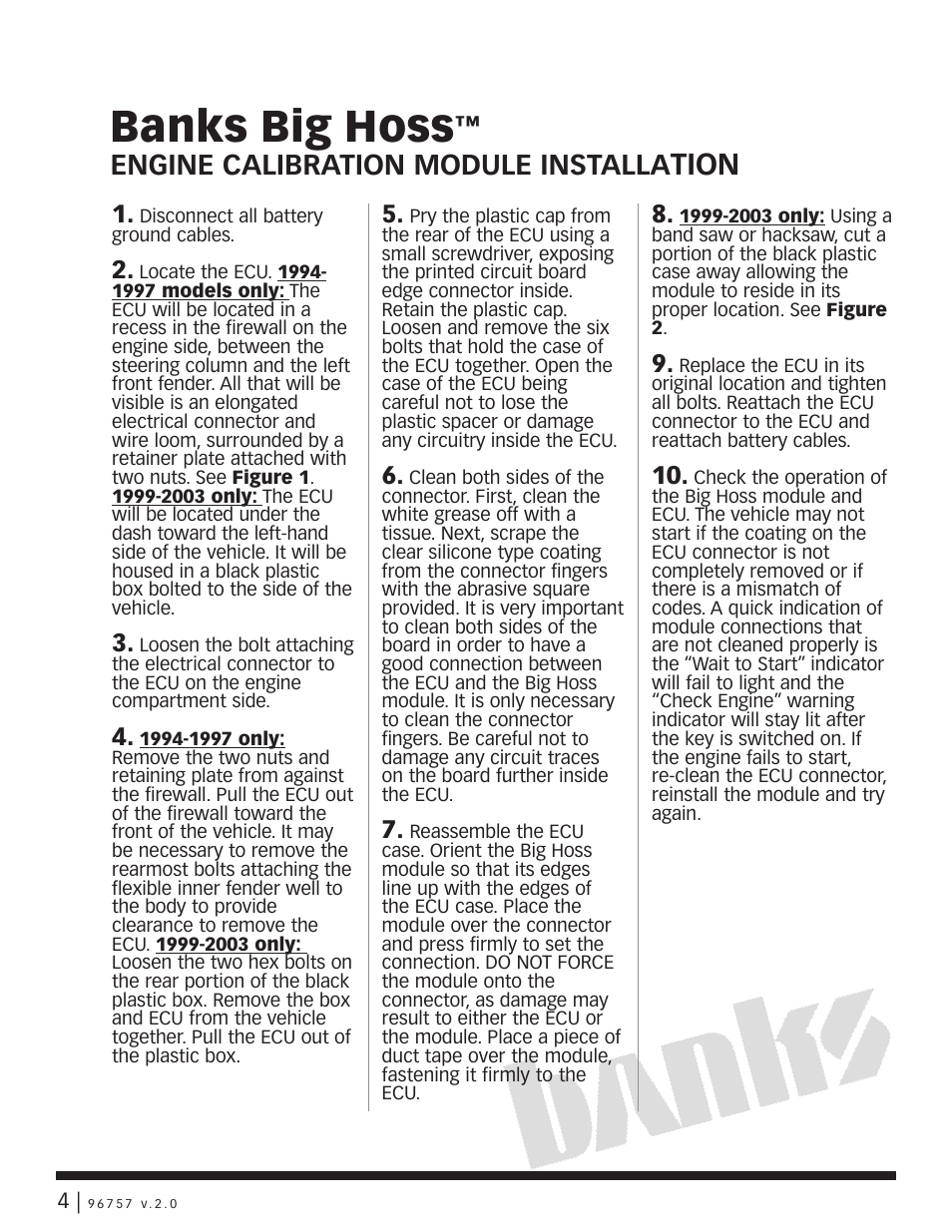 Banks big hoss, Tion, Engine calibration module installa | Banks Power Ford Trucks: (Diesel ’94 - 97 7.3L Power Stroke) Tuner- Big Hoss Module User Manual | Page 4 / 6